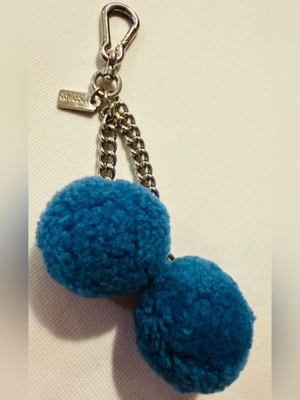 Coach Teal Blue Double Pom Pom Key Charm with Chain